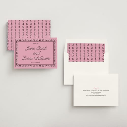 This is a bubblegum save the date with standard by Kelly Watkins called avery printing on signature in standard