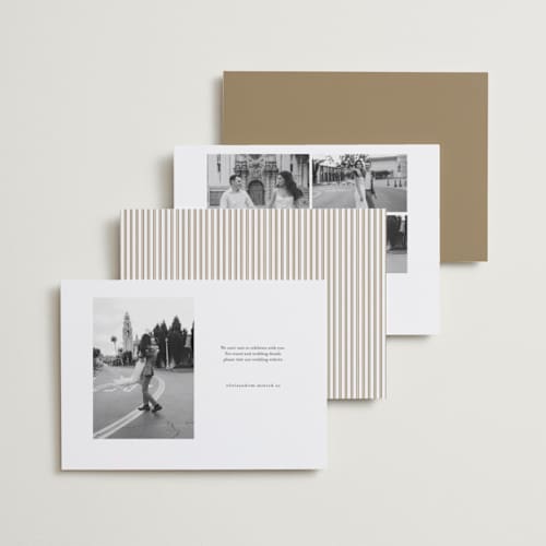 This is a golden save the date with standard by Pink House Press called notched up printing on recycled smooth signature in standard