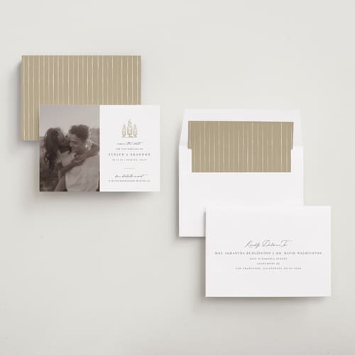 This is a champagne save the date with standard by Sarah Brown called arborvitae printing on recycled smooth signature in standard