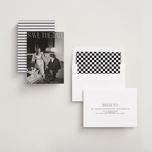 This is a snow save the date with standard by Maja Cunningham called classic timeless printing on recycled smooth signature in standard