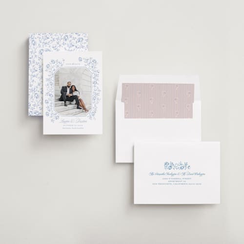 This is a sky save the date with standard by Robert and Stella called framed florals printing on recycled smooth signature in standard