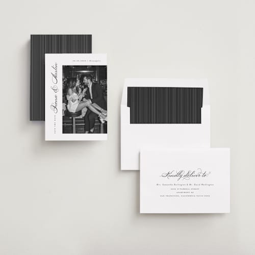 This is a onyx save the date with standard by Michelle Taylor called lovely day printing on recycled smooth signature in standard