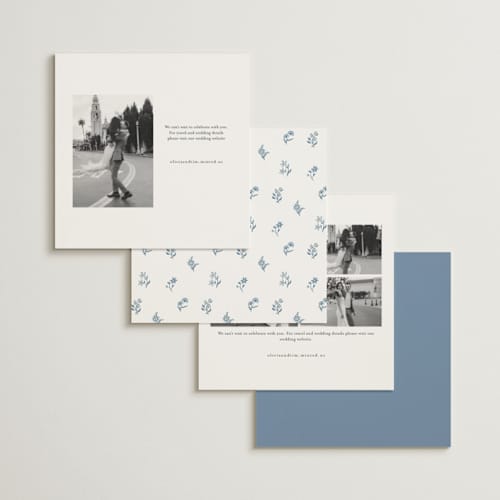 This is a bluebell save the date with standard by Hannah Bowman called petite jolie printing on signature in square