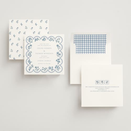 This is a bluebell save the date with standard by Hannah Bowman called petite jolie printing on signature in square