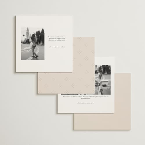 This is a pearl save the date with standard by Vanessa Doyle called trendsetter printing on signature in square