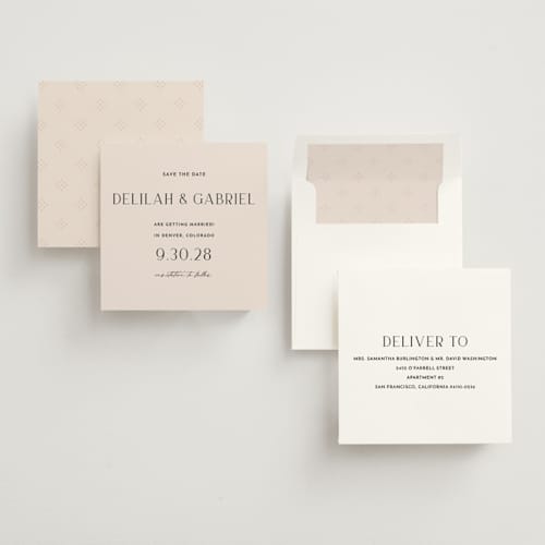 This is a pearl save the date with standard by Vanessa Doyle called trendsetter printing on signature in square