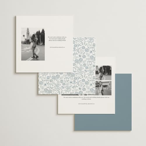 This is a cornflower save the date with standard by Hannah Bowman called toile frame printing on signature in square