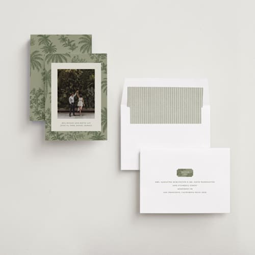 This is a jungle save the date with standard by Jenna Holcomb called tropicale printing on recycled smooth signature in standard