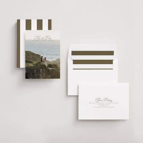 This is a moss save the date with standard by Casey Miller called quiet horizon printing on recycled smooth signature in standard