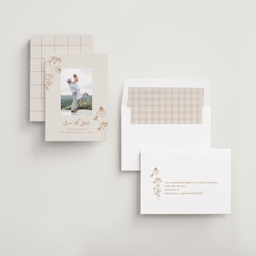 This is a butternut squash save the date with standard by Baumbirdy called sketched florals printing on recycled smooth signature in standard