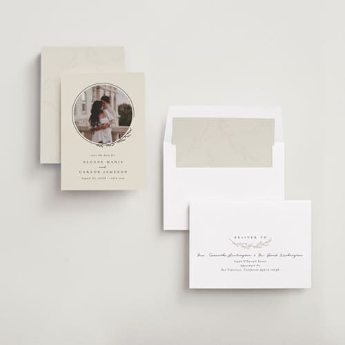 This is a almond save the date with standard by Brianne Larsen called branched printing on recycled smooth signature in standard
