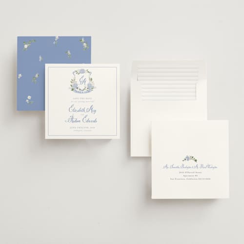 This is a periwinkle save the date with standard by Design Lotus called sweethearts printing on signature in square