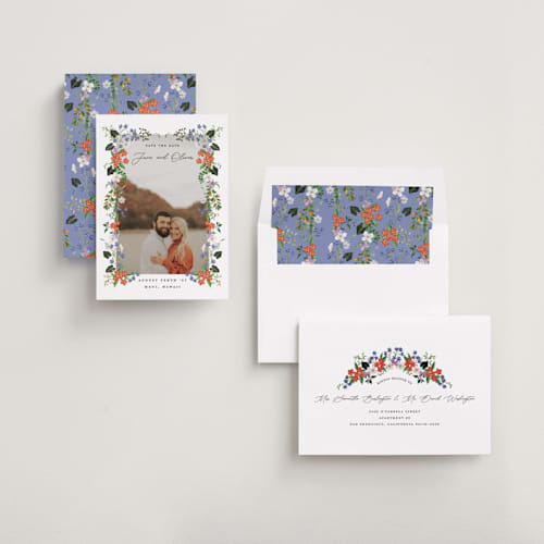 This is a lotus save the date with standard by Sarah Knight called tropicana printing on recycled smooth signature in standard