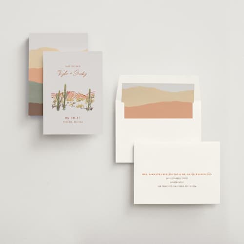 This is a burnt sienna save the date with standard by Cass Loh called desert crayon drawing printing on signature in standard