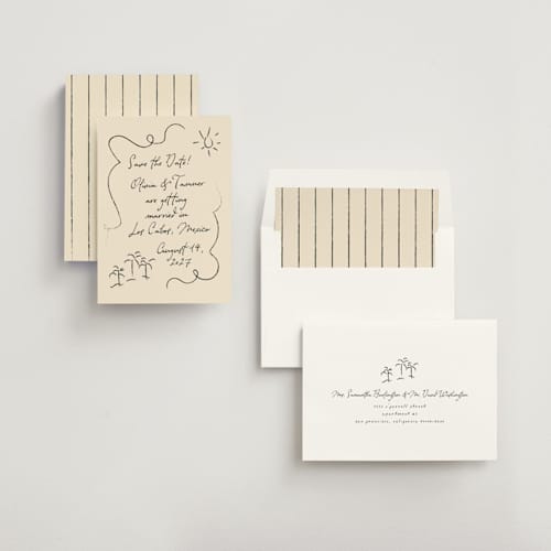 This is a sand save the date with standard by Ashley Iwafuchi called sunny love printing on signature in standard