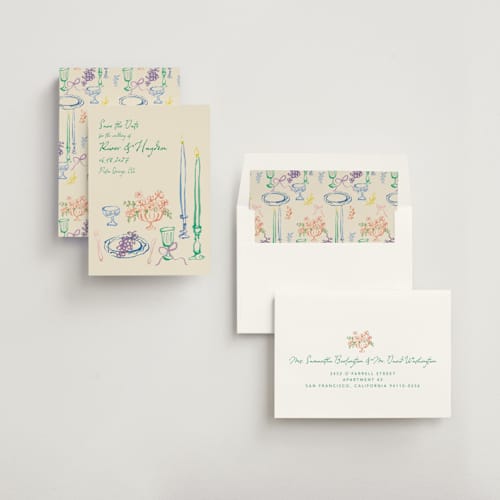 This is a garden save the date with standard by Cass Loh called tablescape drawing printing on signature in standard