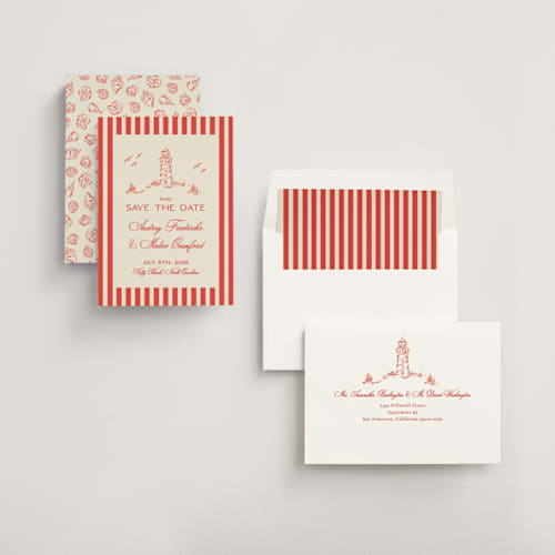 This is a lobster save the date with standard by Jackie Crawford called kitty hawk printing on signature in standard