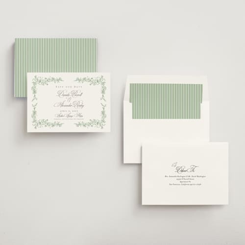 This is a mint save the date with standard by Melinda Denison called romantic garden printing on signature in standard
