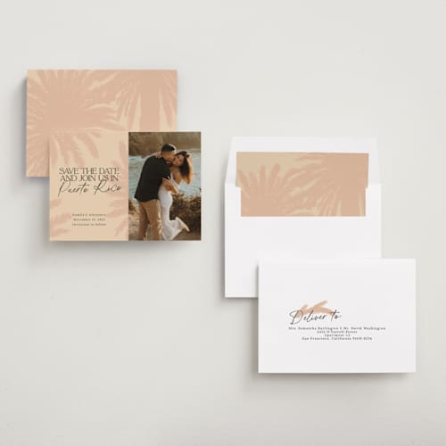 This is a sand save the date with standard by Inkblot Design called destination dream printing on recycled smooth signature in standard