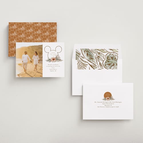 This is a earth save the date with standard by Shiny Penny Studio called disney's mickey mouse tropical  frame printing on recycled smooth signature in standard