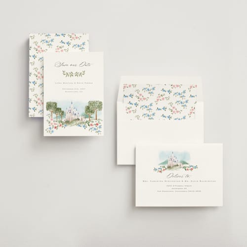This is a spring save the date with standard by Petra Kern called disney's once upon in a dream printing on signature in standard