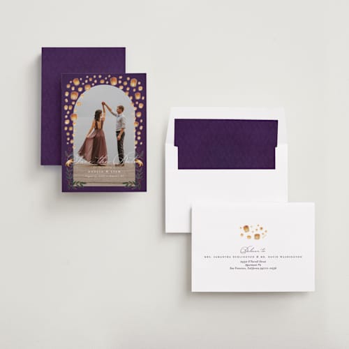 This is a twilight save the date with standard by Simona Camp called disney's tangled lanterns printing on recycled smooth signature in standard