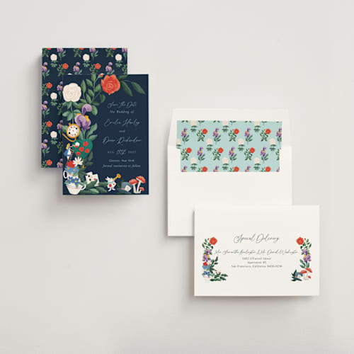 This is a evening save the date with standard by Elly called a garden tea party printing on signature in standard