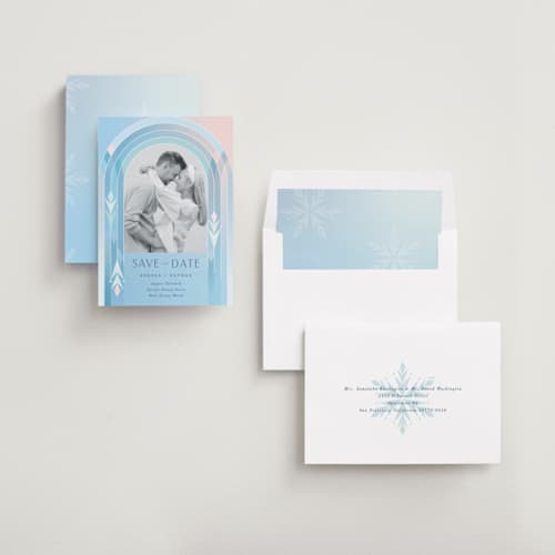 This is a aqua save the date with standard by Lori Wemple called frozen printing on recycled smooth signature in standard