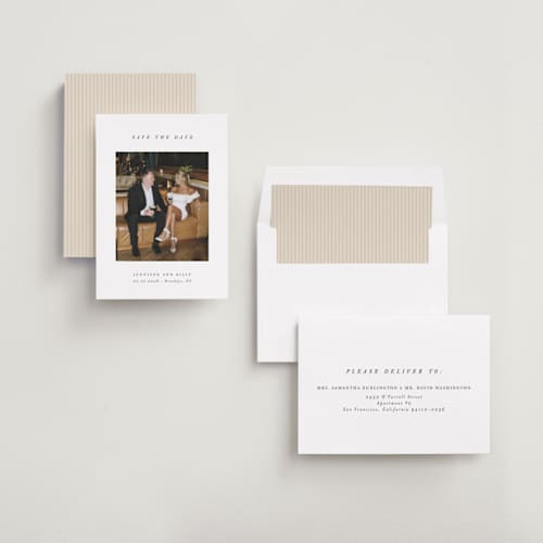 This is a chantilly save the date with standard by Pippa Shaw called espresso printing on recycled smooth signature in standard