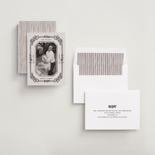 This is a earth save the date with standard by Pati Cascino called rimini printing on recycled smooth signature in standard