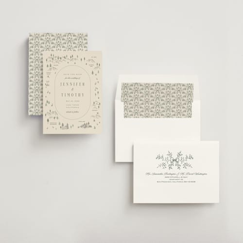 This is a cream save the date with standard by Sherley Ferreira called tahoe lake printing on signature in standard