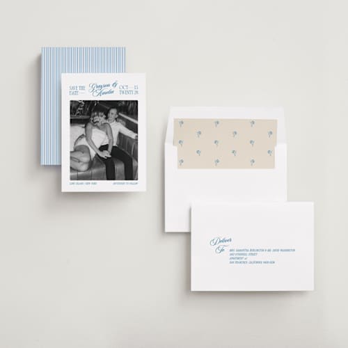 This is a lake save the date with standard by Robert and Stella called opening titles printing on recycled smooth signature in standard