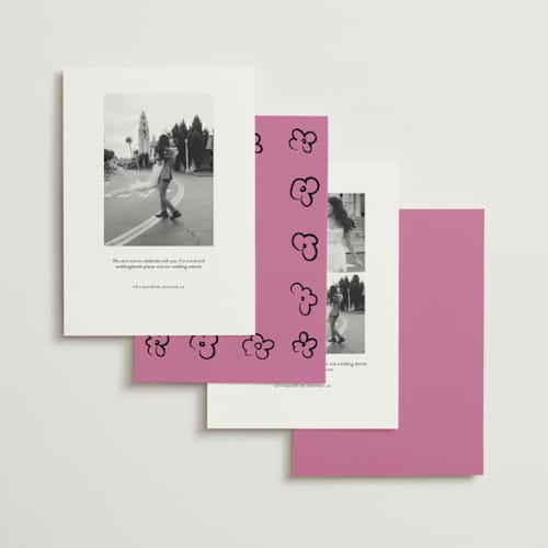 This is a pretty in pink save the date with standard by Helena Vitto called heart of glass printing on signature in standard