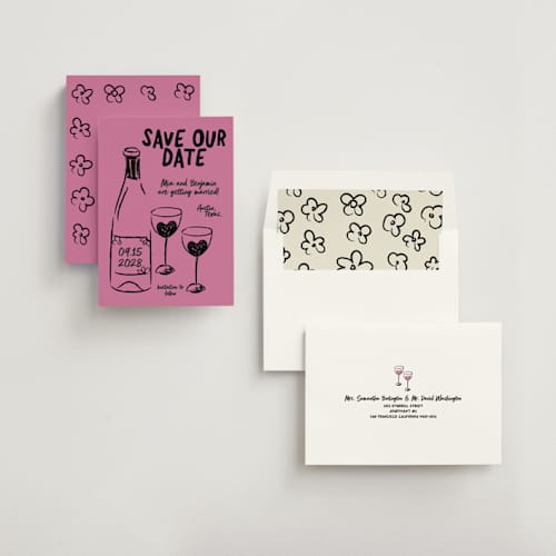 This is a pretty in pink save the date with standard by Helena Vitto called heart of glass printing on signature in standard