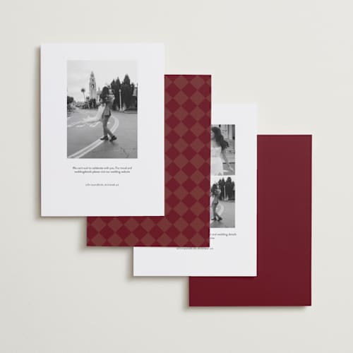 This is a burgundy save the date with standard by Ani Somi called center cut printing on recycled smooth signature in standard