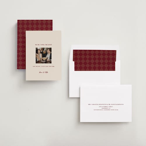 This is a burgundy save the date with standard by Ani Somi called center cut printing on recycled smooth signature in standard