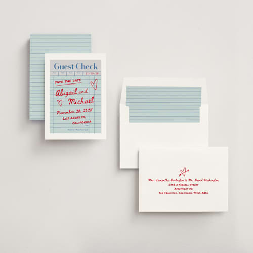 This is a mint save the date with standard by Jennifer Lew called guest check printing on signature in standard