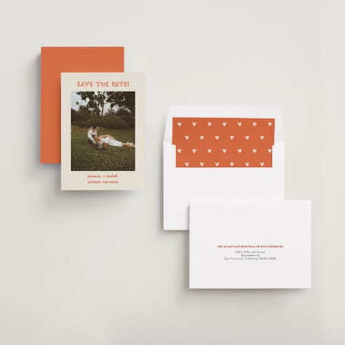 This is a hibiscus save the date with standard by Stephanie Heinrich Godbout called modern outline printing on recycled smooth signature in standard