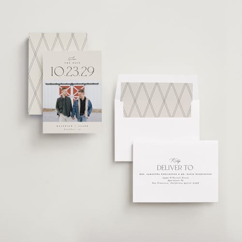 This is a ivory save the date with standard by Carolyn Nicks called romancing the date printing on recycled smooth signature in standard