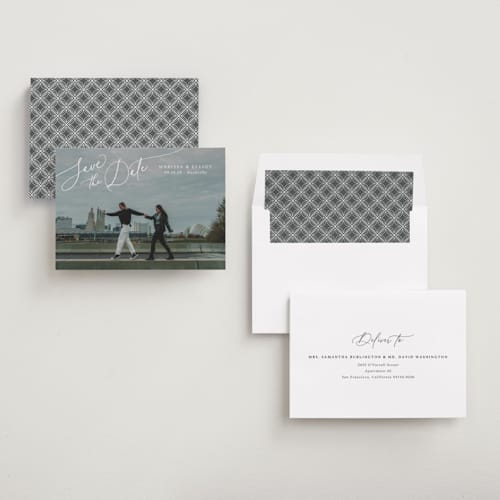 This is a pearl save the date with standard by Kaydi Bishop called on the horizon printing on recycled smooth signature in standard