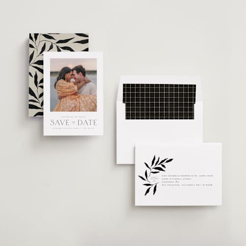This is a ink save the date with standard by Wildfield Paper Co called glacier printing on recycled smooth signature in standard