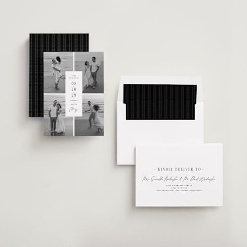 This is a snow save the date with standard by Michelle Taylor called focused printing on recycled smooth signature in standard