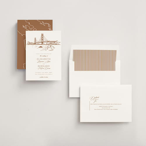 This is a champagne save the date with standard by Sherley Ferreira called san francisco printing on signature in standard