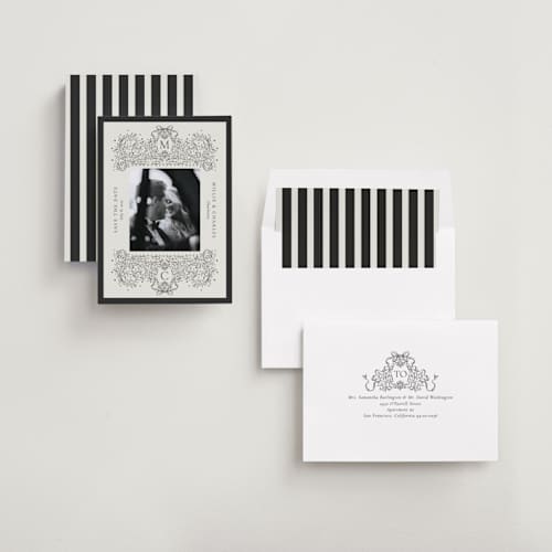 This is a latte save the date with standard by Jackie Crawford called ornate sketched frame printing on recycled smooth signature in standard