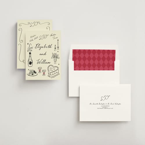 This is a champagne save the date with standard by Helena Vitto called vintage lovers printing on signature in standard