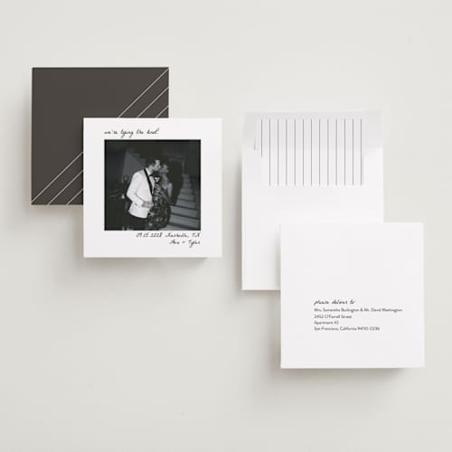 This is a snow save the date with standard by Brittney Jensen called polaroid printing on recycled smooth signature in square