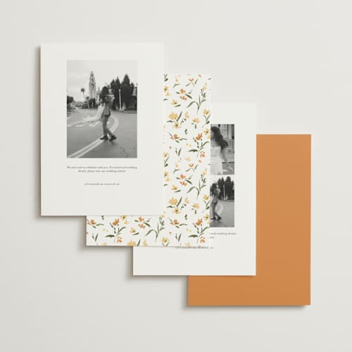 This is a citrine save the date with standard by Everett Paper Goods called fleur printing on signature in standard