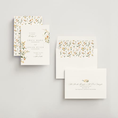 This is a citrine save the date with standard by Everett Paper Goods called fleur printing on signature in standard