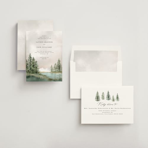This is a forest save the date with standard by Petra Kern called montagna printing on signature in standard
