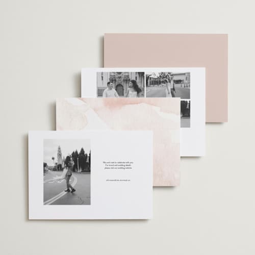 This is a pearl save the date with standard by Jennifer Postorino called eloquent printing on recycled smooth signature in standard